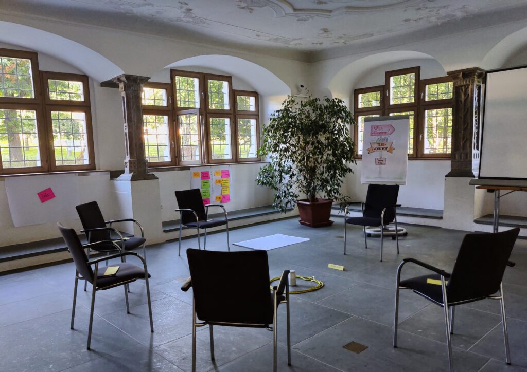 Das Foto zeigt das Setting einer Führungskräfteklausur in einem Kloster: ein Stuhlkreis und vorbereitete Flipchart-Poster. Es ist ein Beispiel für eine Workshop-Moderation.